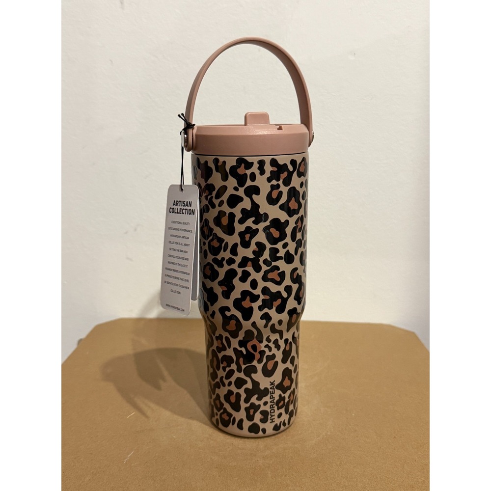 Hydrapeak Nomad 32 oz Tumbler Brown Leopard Print Insulated Cup Pink Handle FLAW